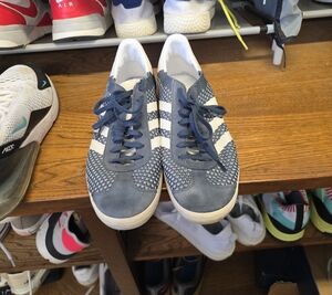 adidas Men’s Blue and White Knit Stripe Sneakers
